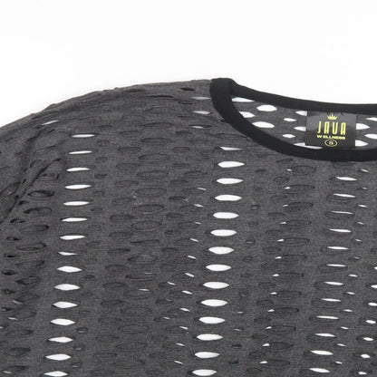 Close-up detail of JAVA women’s grey polyester basic blouse, size S, crew neck - cut out