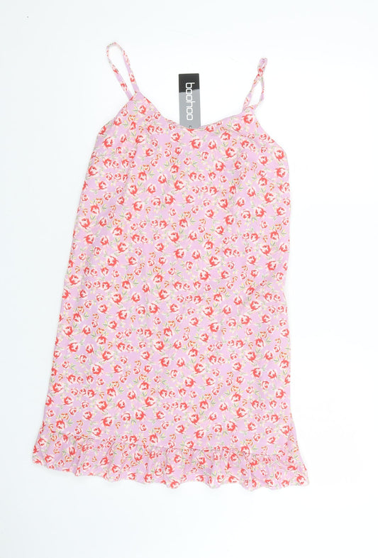 Boohoo Womens Pink Floral Polyester Slip Dress  Size 10  V-Neck Pullover