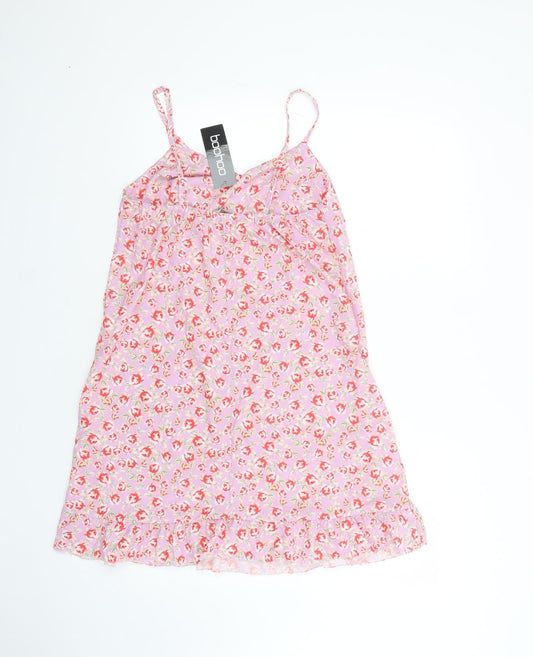 Boohoo Womens Pink Floral Polyester Slip Dress  Size 10  V-Neck Pullover