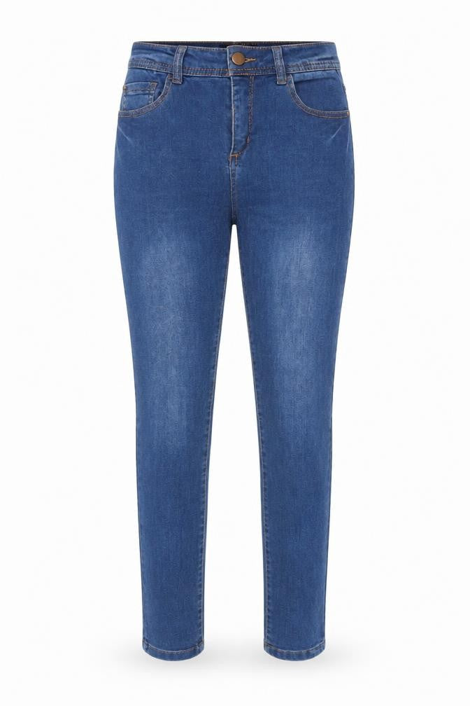 Front view of Peacocks women’s blue cotton jegging jeans, size UK 8, 28-inch leg regular button
