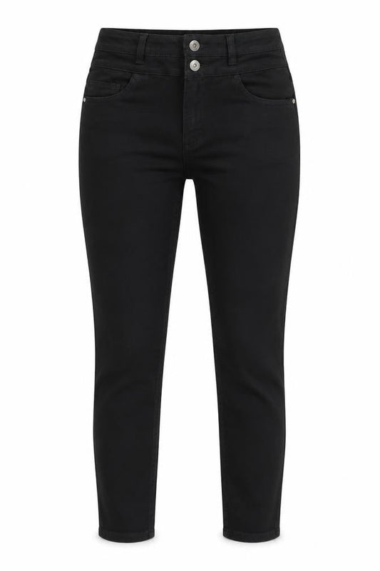 Front view of Dunnes women’s black cotton skinny jeans, size UK 10, 26-inch leg regular button