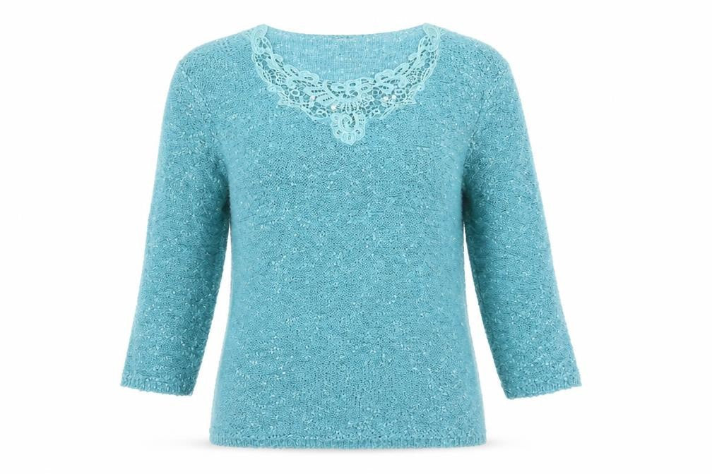 Front view of Bonmarché women’s green scoop neck polyester jumper, size M, - lace detail