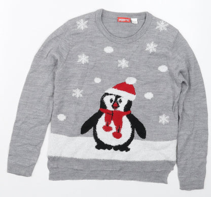 Pepperts Girls Grey Crew Neck  Acrylic Pullover Jumper    - Penguin