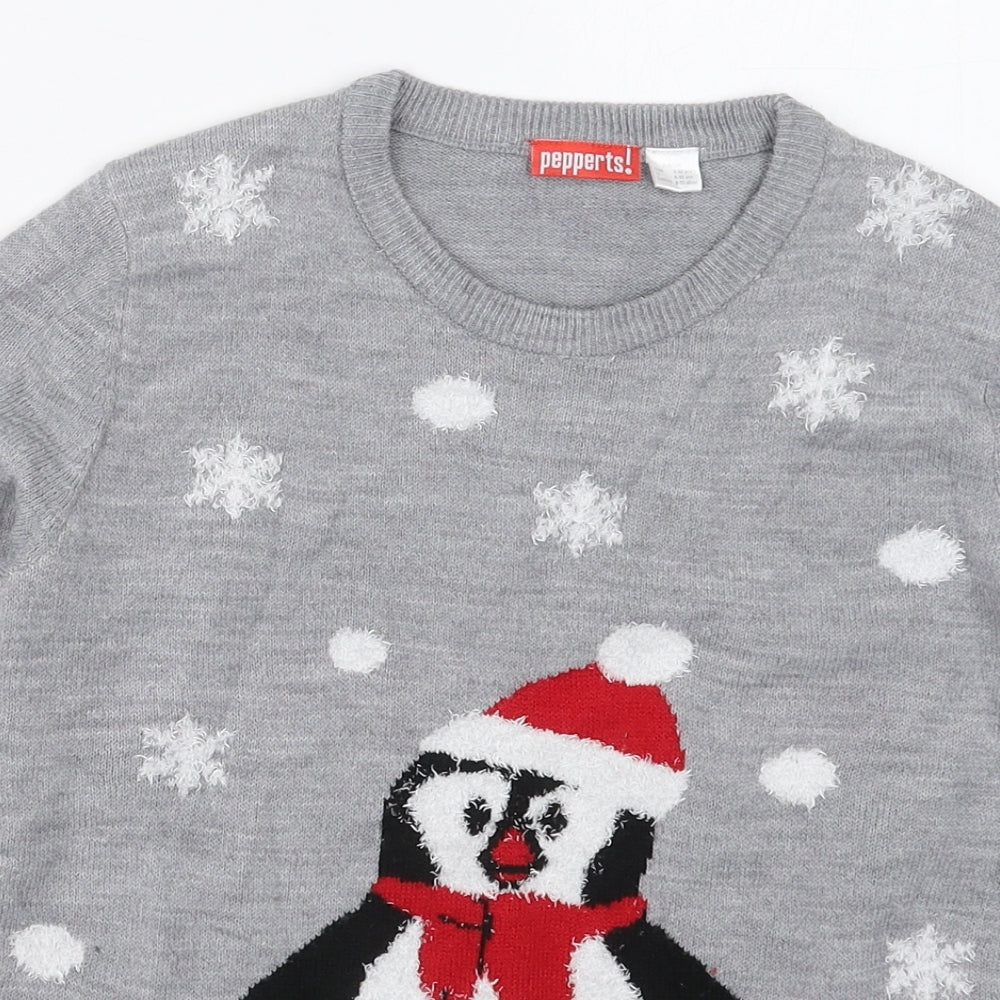 Pepperts Girls Grey Crew Neck  Acrylic Pullover Jumper    - Penguin