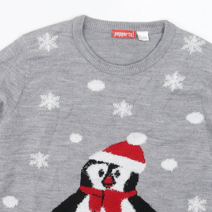 Pepperts Girls Grey Crew Neck  Acrylic Pullover Jumper    - Penguin