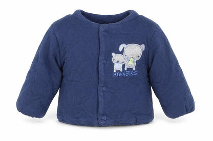 Front view of Mini Club boys’ blue jacket, size 3-6, months button - snuggles