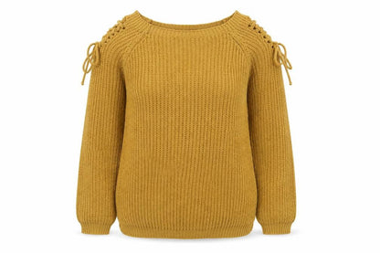 Front view of Cameo Rose women’s yellow boat neck acrylic jumper, size S
