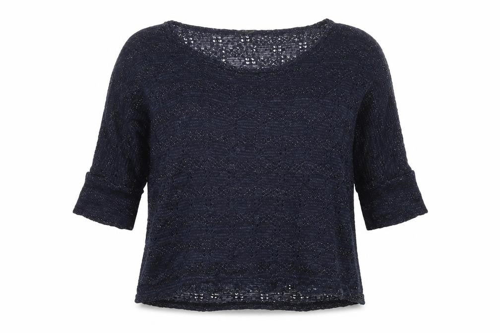 Front view of Miss Selfridge women’s blue boat neck acrylic jumper, size UK 6