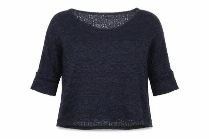Front view of Miss Selfridge women’s blue boat neck acrylic jumper, size UK 6