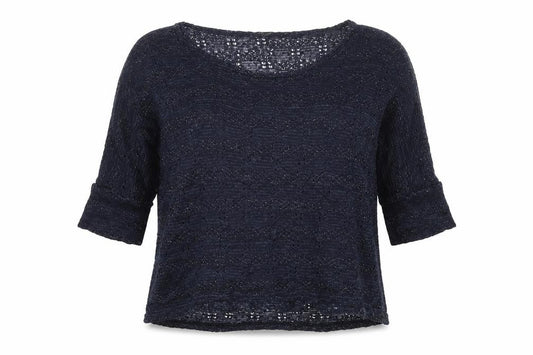 Front view of Miss Selfridge women’s blue boat neck acrylic jumper, size UK 6