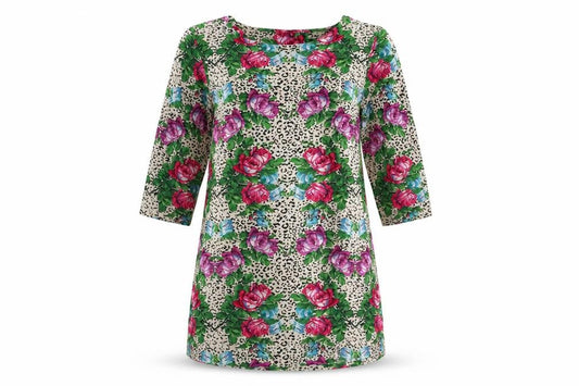 Front view of Next women’s multicoloured floral viscose mini, size UK 12, scoop neck
