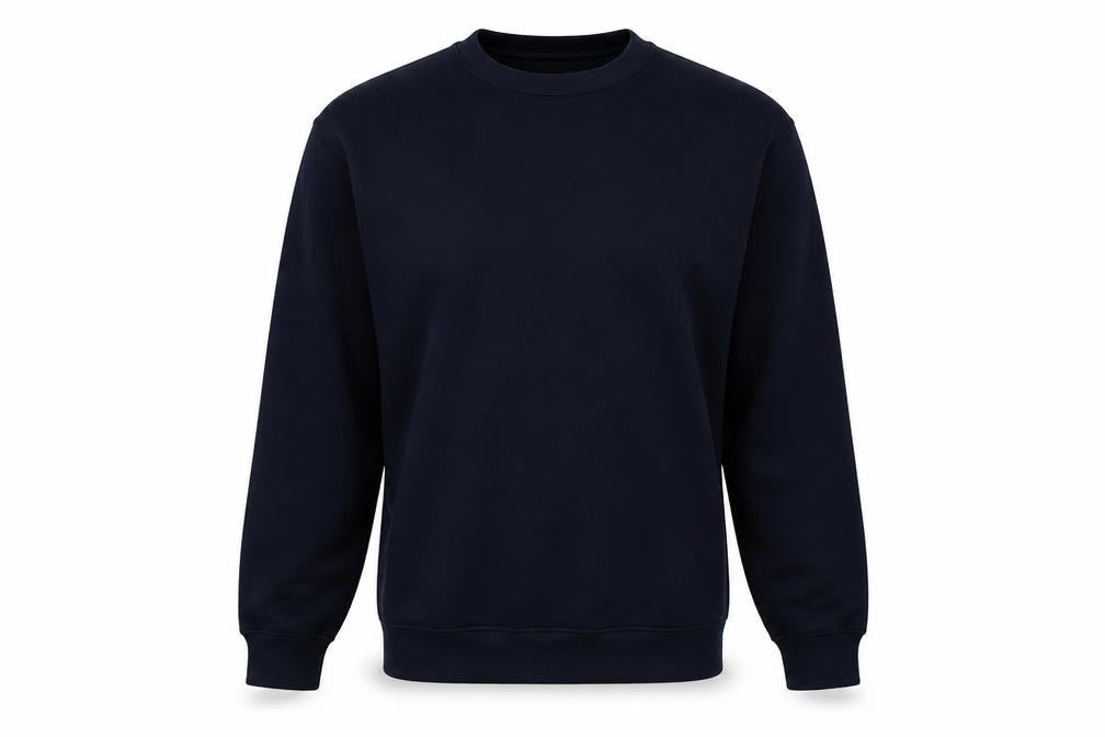 Front view of Stars & Stipes men’s blue round neck polyester jumper, size S