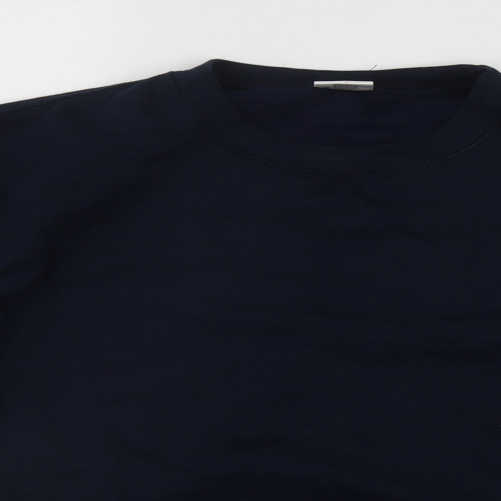 Close-up detail of Stars & Stipes men’s blue round neck polyester jumper, size S