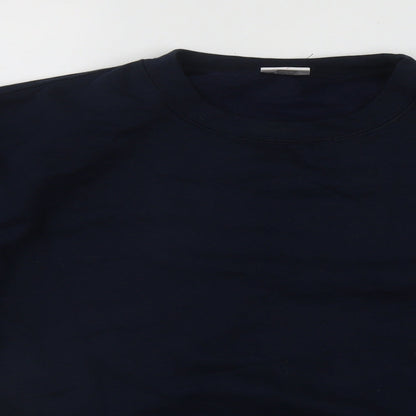 Close-up detail of Stars & Stipes men’s blue round neck polyester jumper, size S
