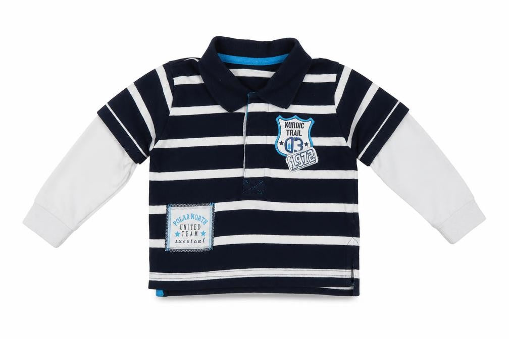 Front view of St Bernard boys’ blue striped cotton basic casual, size 9-12, months collared button