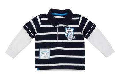 Front view of St Bernard boys’ blue striped cotton basic casual, size 9-12, months collared button