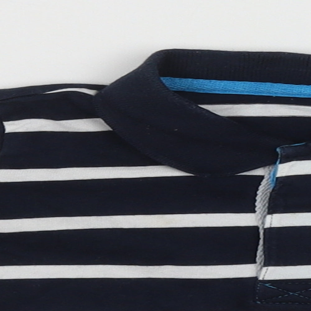 Close-up detail of St Bernard boys’ blue striped cotton basic casual, size 9-12, months collared button