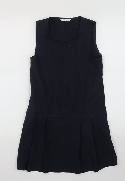 Marks and Spencer Girls Blue  Polyester Pinafore/Dungaree Dress  Size 9-10 Years  Scoop Neck Zip