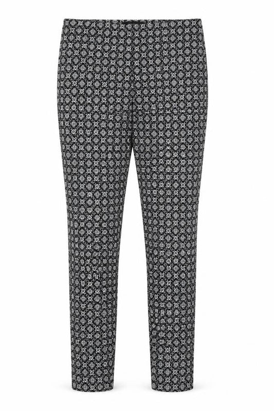 Front view of Atmosphere women’s black geometric viscose trousers, size UK 10, 27-inch leg slim zip