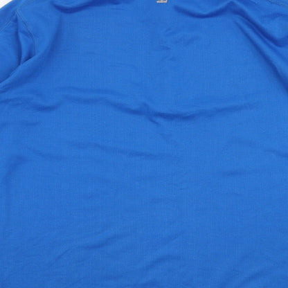 Brand and care label for Hind men’s blue polyester pullover sweatshirt, size M
