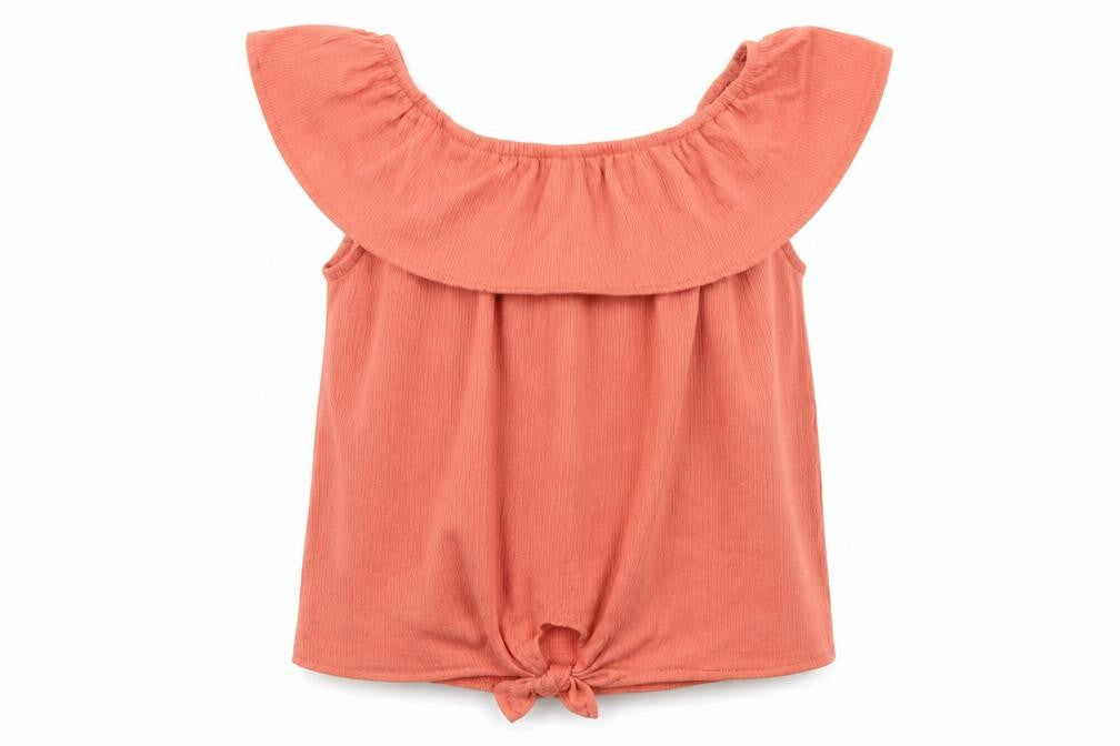 Front view of Primark girls’ orange polyester basic blouse, size 9-10, years round neck pullover - knot detail