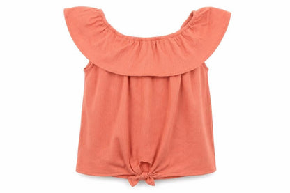 Front view of Primark girls’ orange polyester basic blouse, size 9-10, years round neck pullover - knot detail