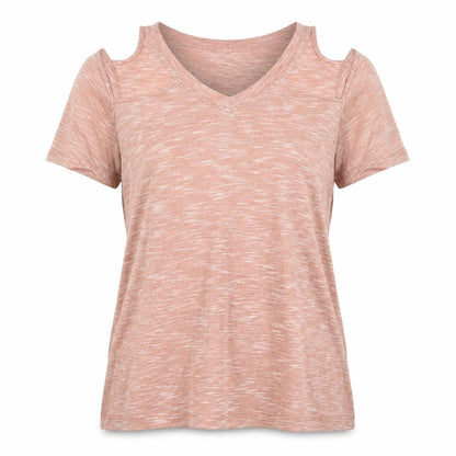 Front view of River Island women’s beige cotton basic t-shirt, size UK 6, round neck - cold shoudler