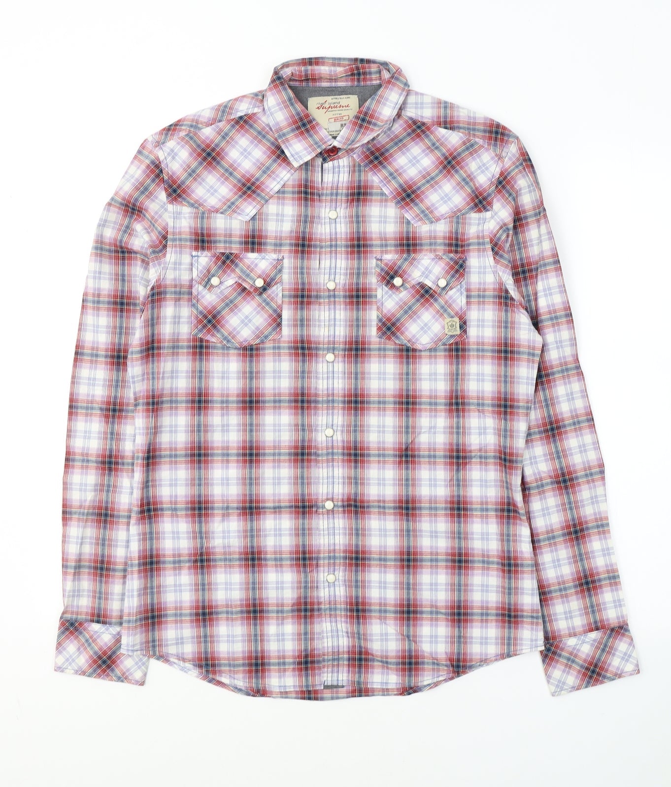 River Island Mens Red Plaid Cotton  Button-Up Size S Collared Button