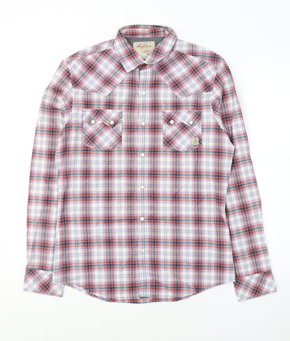 River Island Mens Red Plaid Cotton  Button-Up Size S Collared Button