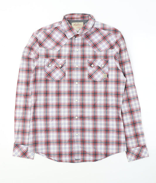 River Island Mens Red Plaid Cotton  Button-Up Size S Collared Button