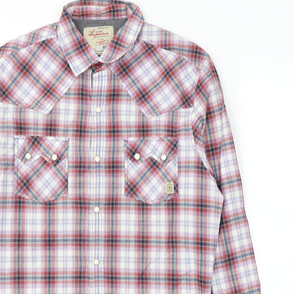 River Island Mens Red Plaid Cotton  Button-Up Size S Collared Button