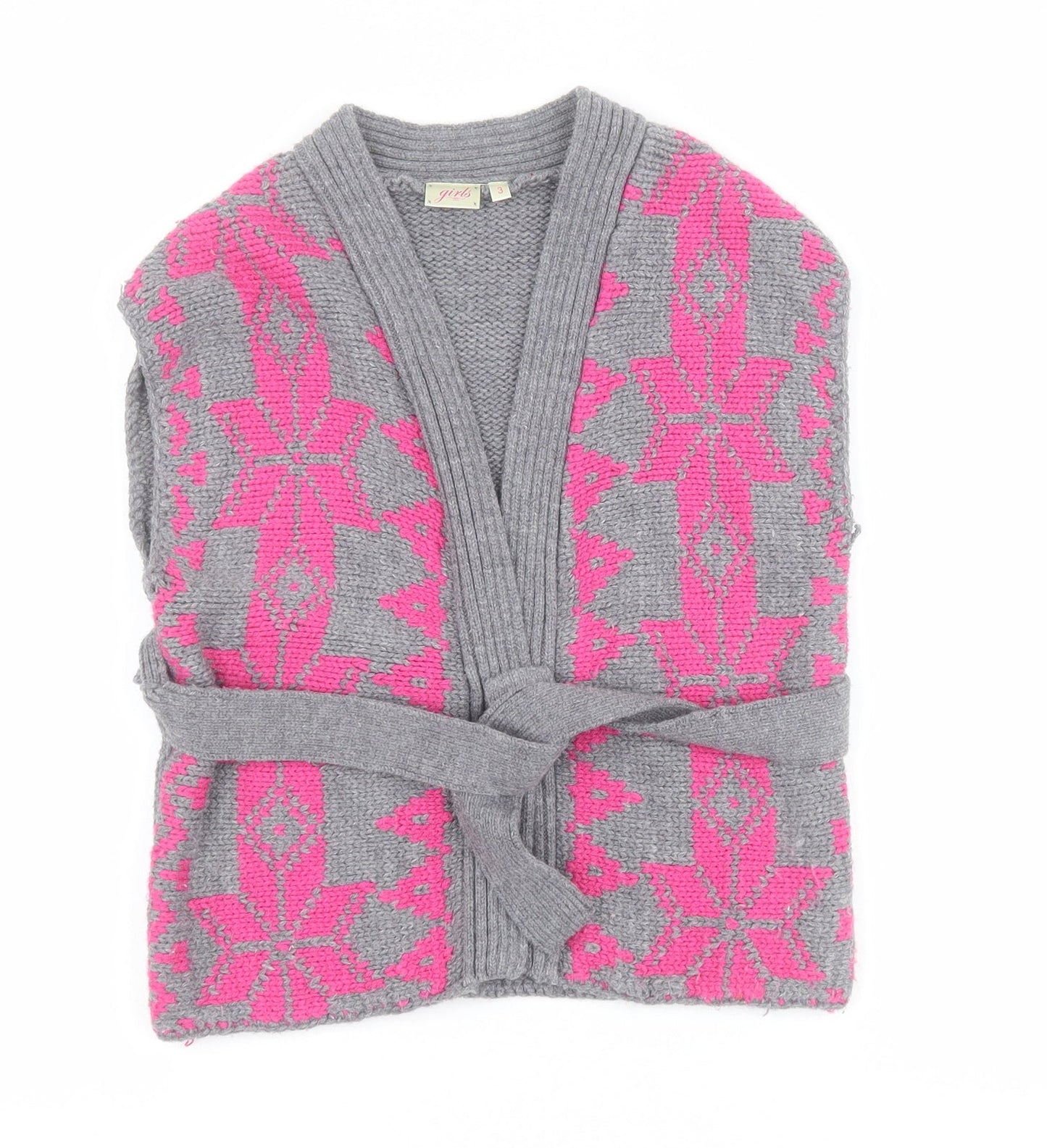 New Look Girls Grey V-Neck Fair Isle Acrylic Cardigan Jumper Size 3 Years  Snap