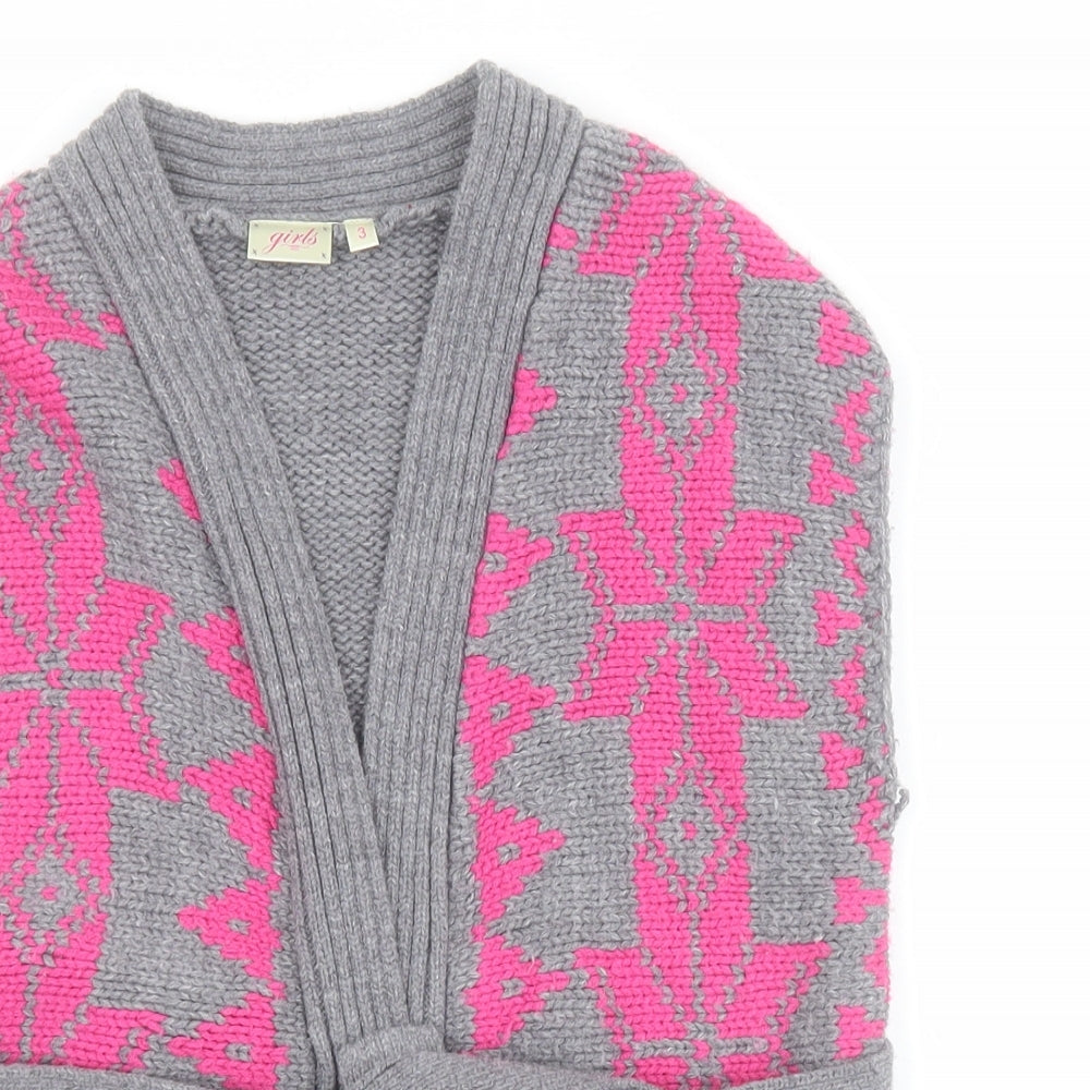 New Look Girls Grey V-Neck Fair Isle Acrylic Cardigan Jumper Size 3 Years  Snap