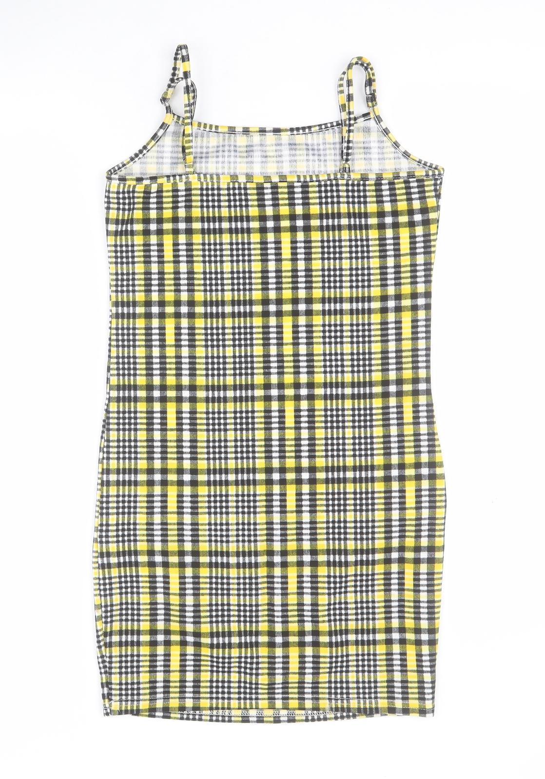 Back view of SHEIN girls’ yellow plaid polyester mini, size 12, years square neck pullover