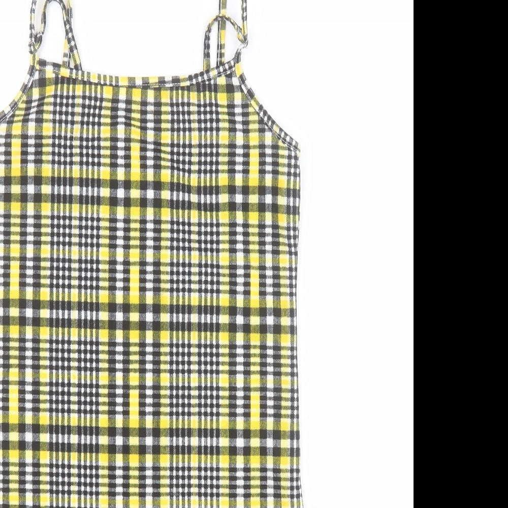 Close-up detail of SHEIN girls’ yellow plaid polyester mini, size 12, years square neck pullover