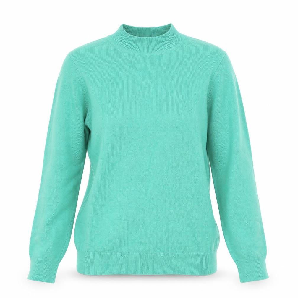 Front view of Gallery women’s green mock neck viscose jumper, size XS