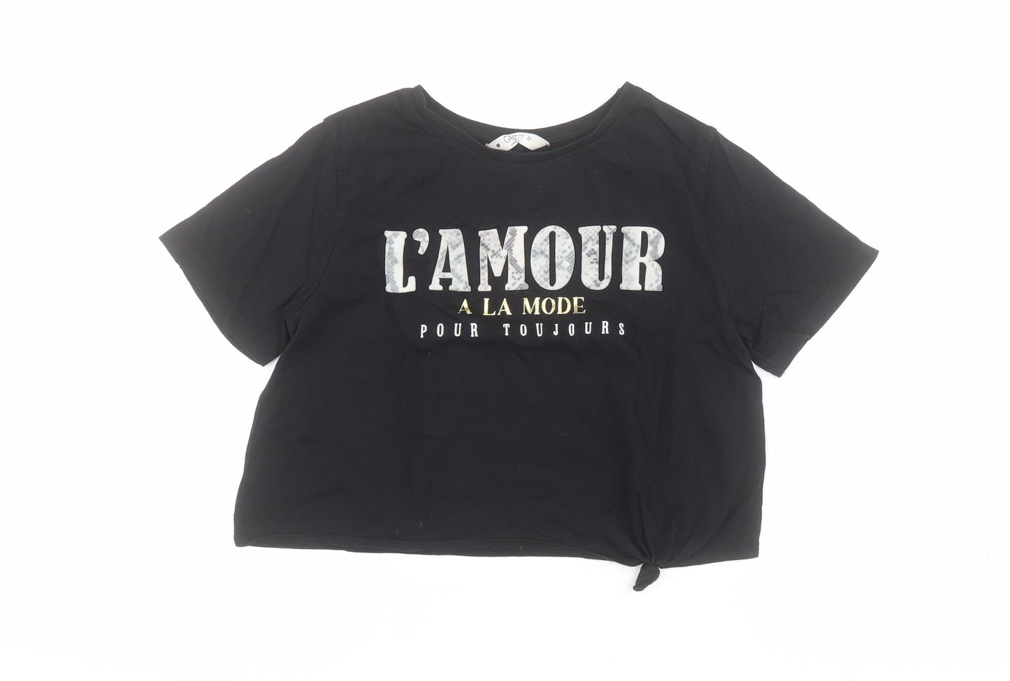 Matalan Womens Black  100% Cotton Cropped T-Shirt Size 12 Crew Neck - Slogan