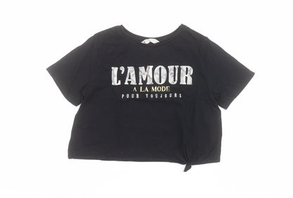 Matalan Womens Black  100% Cotton Cropped T-Shirt Size 12 Crew Neck - Slogan