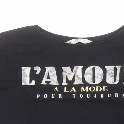 Matalan Womens Black  100% Cotton Cropped T-Shirt Size 12 Crew Neck - Slogan