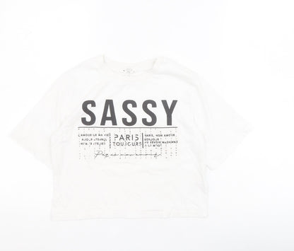 Matalan Girls White  100% Cotton Cropped T-Shirt Size 11 Years Crew Neck Pullover - Slogan