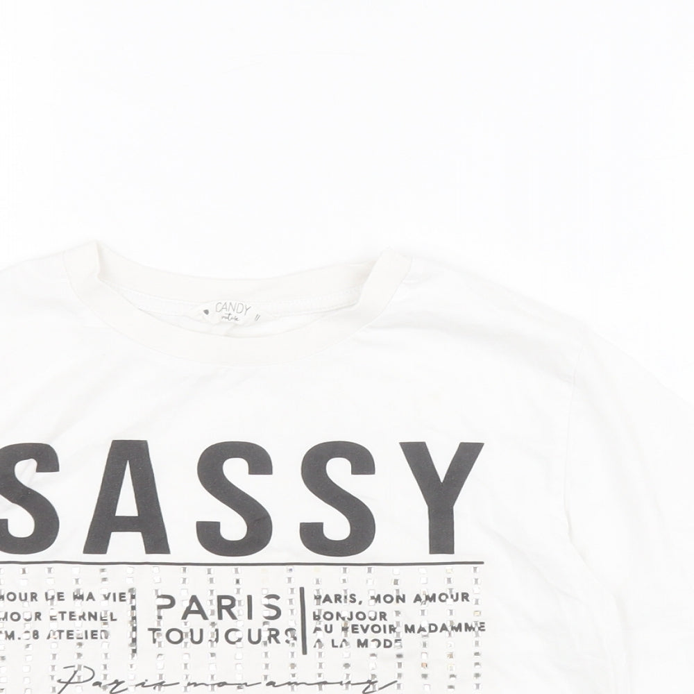 Matalan Girls White  100% Cotton Cropped T-Shirt Size 11 Years Crew Neck Pullover - Slogan