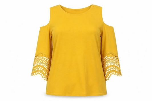 Front view of Soon women’s yellow round neck viscose jumper, size UK 16