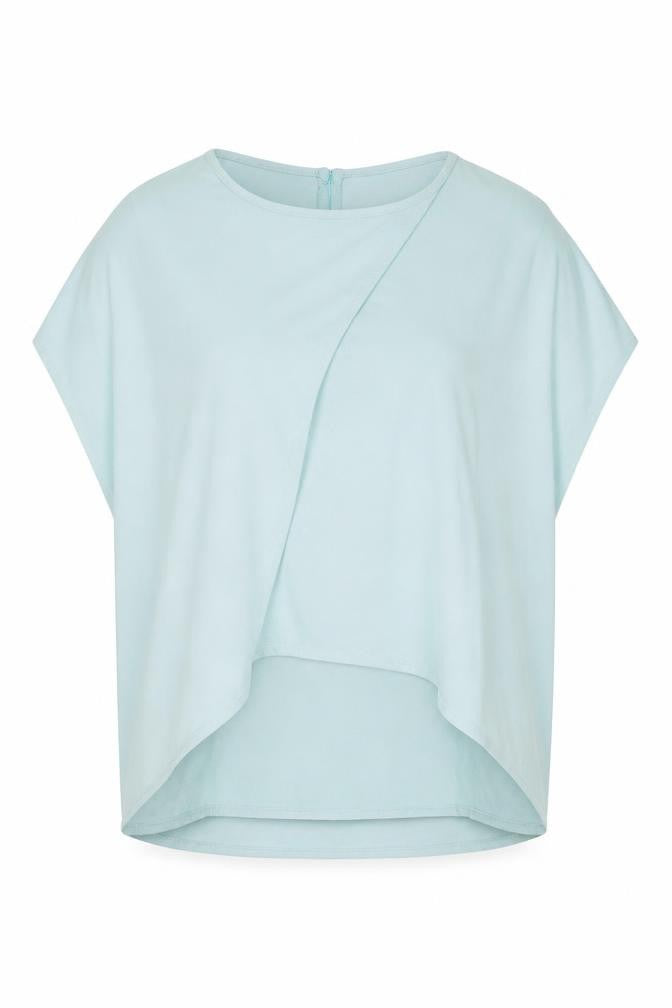 Front view of Melczarkowsski women’s blue polyester basic blouse, size M, round neck
