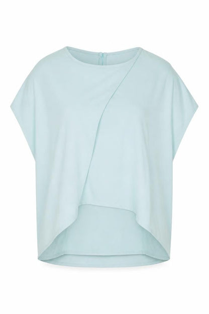 Front view of Melczarkowsski women’s blue polyester basic blouse, size M, round neck
