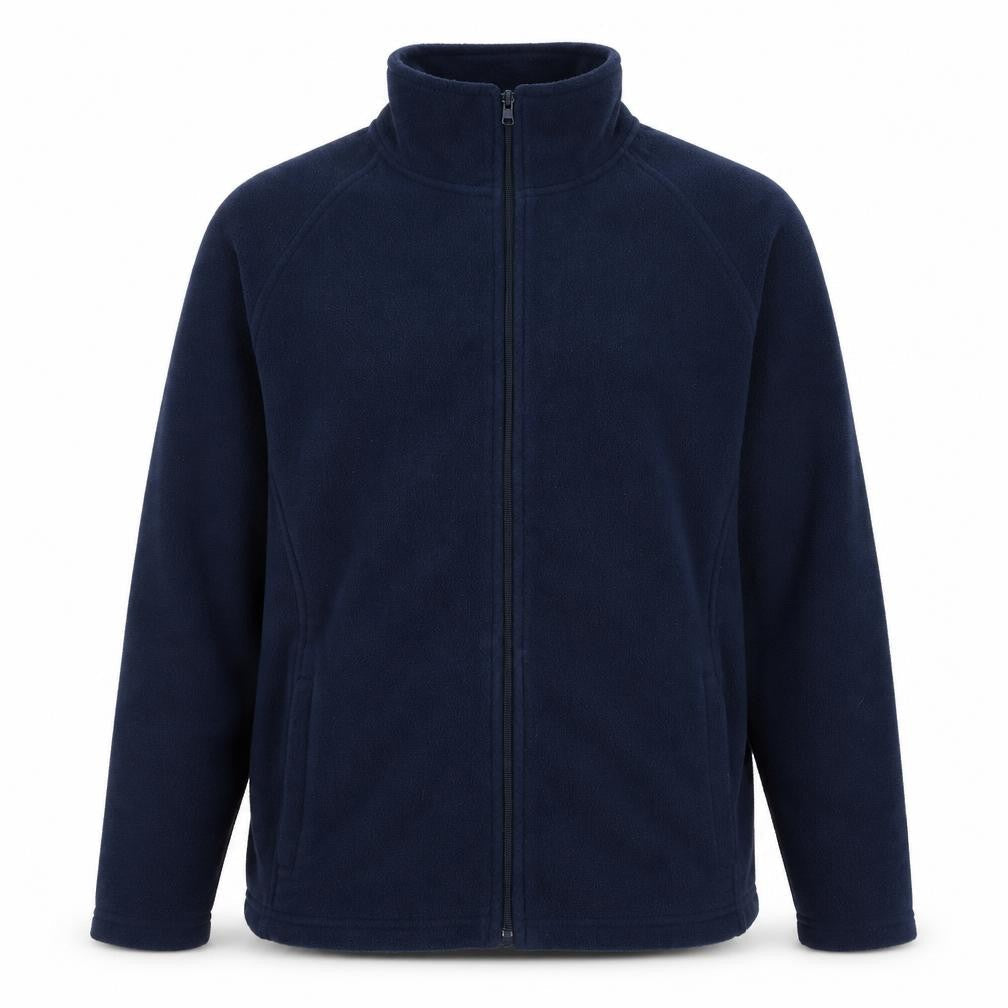Front view of Tru collection men’s blue high neck polyester full zip jumper, size S