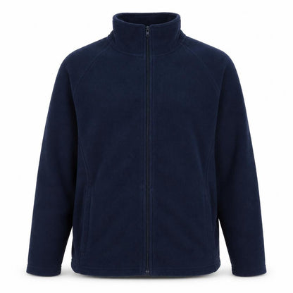 Front view of Tru collection men’s blue high neck polyester full zip jumper, size S