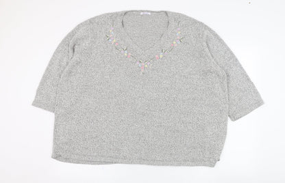 Damart Womens Grey V-Neck  Acrylic Pullover Jumper Size 30   - Flower