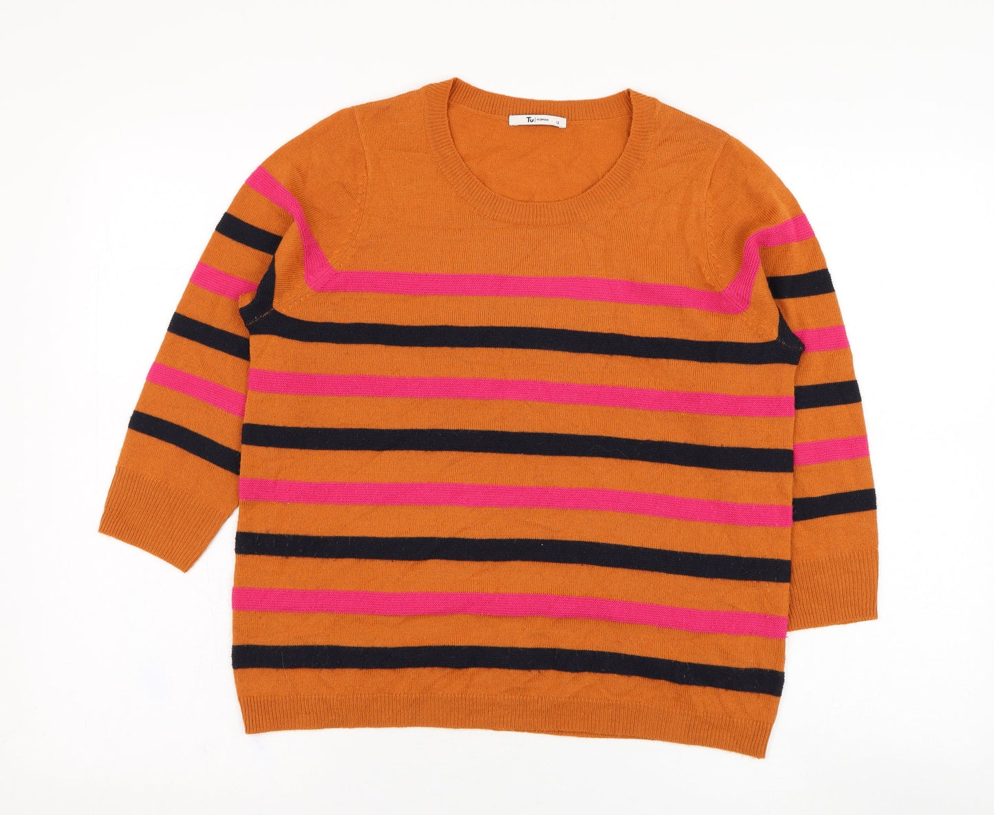 TU Womens Orange Round Neck Striped Acrylic Pullover Jumper Size 12