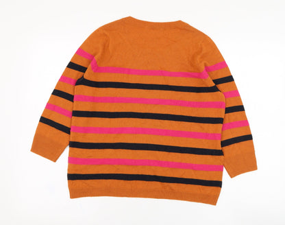 TU Womens Orange Round Neck Striped Acrylic Pullover Jumper Size 12