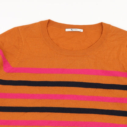 TU Womens Orange Round Neck Striped Acrylic Pullover Jumper Size 12